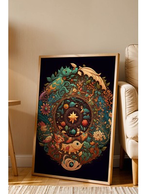E2 Nova Masalsı Orman Fantastik Mandala Çerçeveli Tablo - Lüks Modern Mitolojik Duvar Dekoru Antrasit Sanat