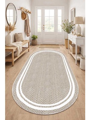 Qatalina Makinede Yıkanabilir Kaymaz Taban Leke Tutmaz Dijital Oval Mutfak Halısı Salon Halısı ve Yolluk - Bej Oval