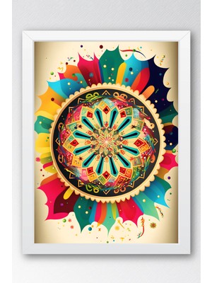 E2 Nova Kaleydoskop Festivali Mandala Çerçeveli Tablo - Lüks Modern Renkli Pop-Art Duvar Dekoru Antrasit