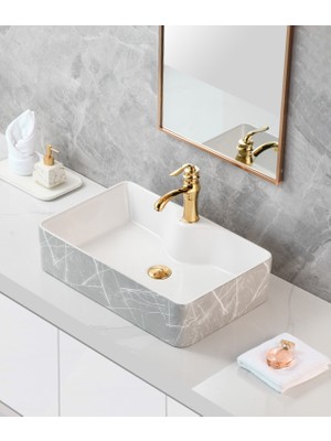 Harmeh Prag 3011 Desenli Tezgah Üstü Kare Lavabo 60X40X14CM