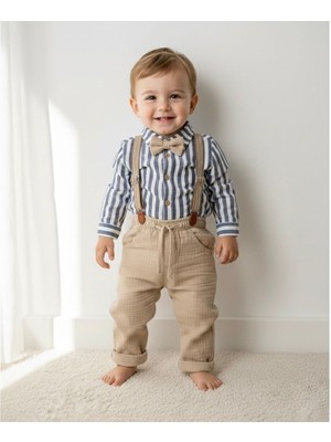 Butik Erkek Bebek Papyon - Pantolon Askılı Gömlekli 4 Parça Alt - Üst Takım %100 Pamuklu Kumaş