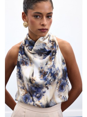 Sateen Drapeli Halter Yaka Desenli Bluz - Indigo