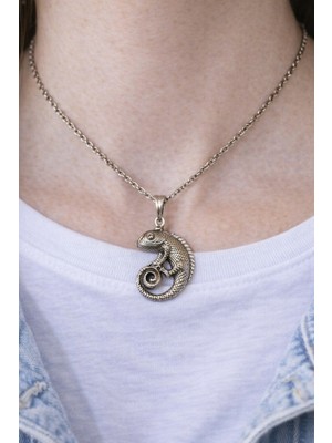Herşey Nota Spiral Chameleon – Bukalemun Figürlü Eskitme Gümüş Renk Unisex Kolye