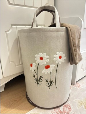 PremiumPort Punch Nakışlı Keten Eva Organizer Sepet, Dekoratif ve Dik Duran, Çok Amaçlı