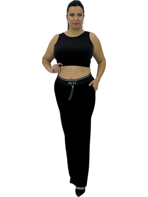 Carmito Büyük Beden Yüksek Bel Toparlayıcı Lastikli Kemer Detaylı Bol Paça Örme Kadın Pantolon