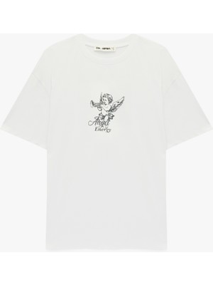 Koton Pamuklu Kısa Kollu Bisiklet Yaka Arkası Baskılı Oversize Tişört