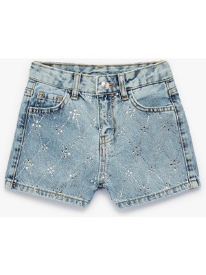 Koton Slim Fit Pamuklu Cepli Taş Detaylı Mini Denim Şort