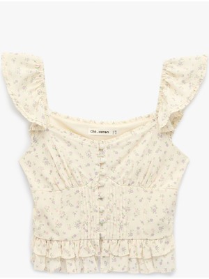 Koton Slim Fit Kolsuz Düğmeli Fırfırlı Kalp Yaka Viskon Çiçekli Bluz