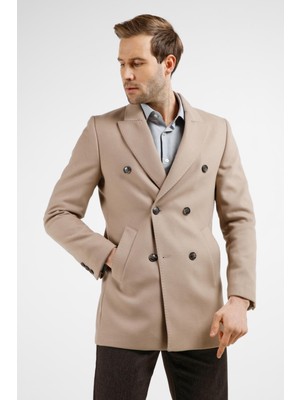 İmza Taş Rengi Kılıç Yaka Classic Slim Fit Kruvaze Kaban 1008255102