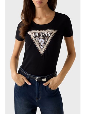 Guess Jersey Pamuklu Üçgen Logolu Slim Fit Bisiklet Yaka T Shirt W6RI32J1314 Bayan T Shirt W6RI32 J1314 Jblk