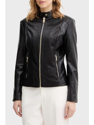Guess Claudine Slim Fit Dik Yaka Biker Ceket W6RL52WL850 Bayan Ceket W6RL52 WL850 Jblk