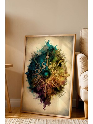 E2 Nova Mistik Pusula Mandala Çerçeveli Tablo - Lüks Modern Sulu Boya Soyut Duvar Dekoru Antrasit Sanat