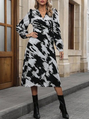 Etiler Collection Kadın Uzun Kollu Kruvaze Yakalı Yandan Bağlamalı Desenli Mini Modal Elbise