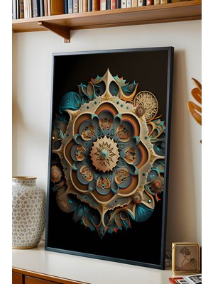 E2 Nova 3D Rölyef Efektli Mimari Mandala Tablo - Lüks Modern Turkuaz Bakır Duvar Dekoru Antrasit Çerçeveli
