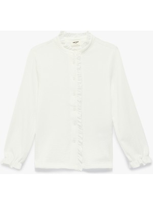 Koton Dik Yaka Düğme Detaylı Fırfırlı Uzun Kollu Bluz