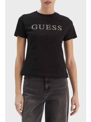 Guess Taşlı Logolu Pamuklu Slim Fit Bisiklet Yaka T Shirt V6RI20J1314 Bayan T Shirt V6RI20 J1314 Jblk
