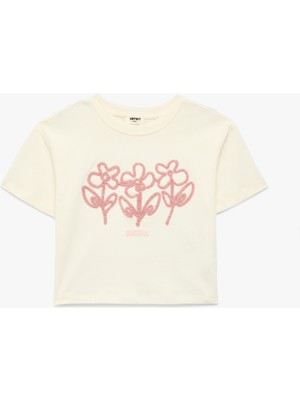 Koton Pamuklu Kısa Kollu Bisiklet Yaka Çiçekli Tişört
