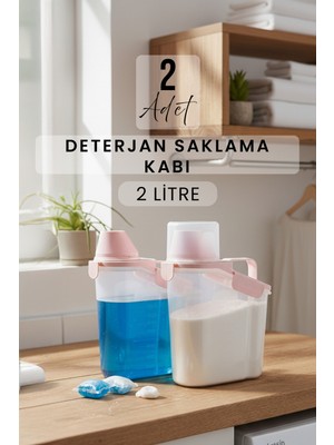 PremiumPort 2'li Pembe Kapaklı Sıvı Toz Deterjan Saklama Kabı, Banyo Organizer