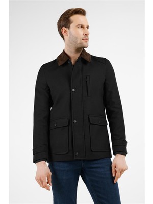 İmza Siyah Kadife Polo Yaka Düz Yırtmaçsız Tam Astar Slim Fit Casual Mont