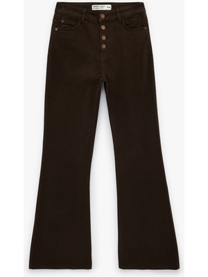 Koton Yüksek Bel Düğme Detaylı Cepli Dar Kesim Ispanyol Paça Denim Pantolon - Flare Jeans