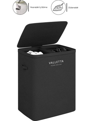 PremiumPort Katlanabilir 100L Çift Bölmeli Kumaş Kirli Çamaşır Sepeti Ink Black