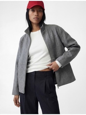 Koton Uzun Kollu Fermuarlı Dik Yaka Kaşe Ceket