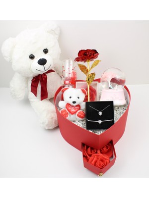 Trend Robo Sevgiliye Aşk Dolu Kalp Kutu Hediye Seti – Peluş Ayıcık - 925 Ayar Gümüş Kolye ve Bileklik