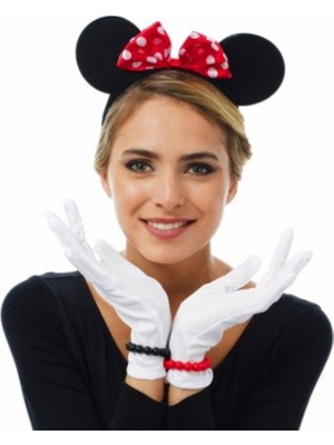 Hediye Bahçesi Kırmızı Fiyonklu Minnie Mouse Tacı ve Beyaz Eldiven Seti