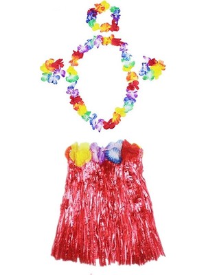 Hediye Bahçesi Hawaii  Kolye Etek Taç ve Bileklik Seti Kırmızı