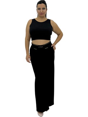 Carmito Büyük Beden Yüksek Bel Toparlayıcı Lastikli Kemer Detaylı Geniş Paça Örme Kadın Pantolon