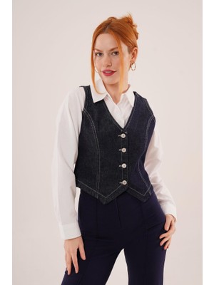 Etiler Collection Düğme ve Ön Dikiş Detaylı Lacivert Jean Yelek