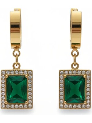 Kadın Yeşil Taşlı Altın Rengi Çelik Hürrem Küpe