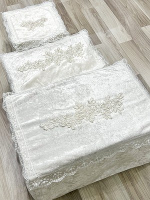 PremiumPort Kadife Güpürlü 3'lü Bohça Seti, Söz ve Nişan Hediyesi, Çeyizlik Takım