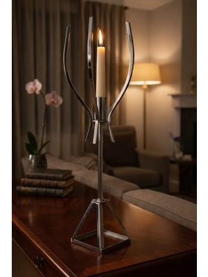 Fikrihane Modern Lüx Metal Mumluk - Patentli Özel Tasarım Geometrik Şamdan - 37 cm Krom Renk