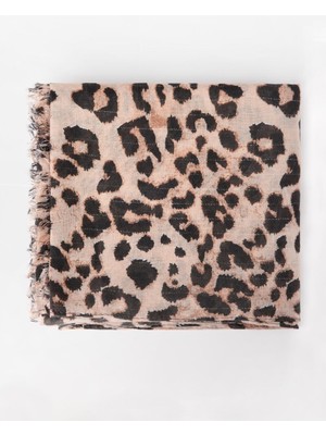 Jimmy Key Ekru Leopar Desenli Püsküllü Dokuma Şal