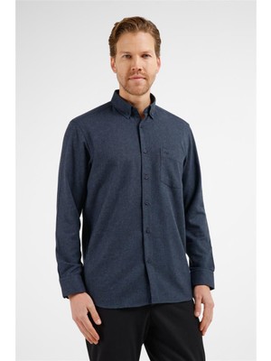 İmza Lacivert Düğmeli Yaka Uzun Kol Cepli Comfort Fit Pamuklu Gömlek 1004255234