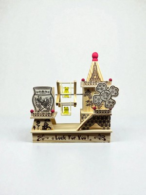 CaactuStore Ahşap Değirmenli Kalemlikli Kurmalı Müzik Kutusu Dekoratif Hediyelik