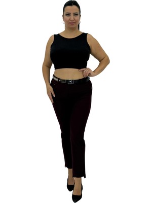 Carmito Büyük Beden Yüksek Bel Toparlayıcı Kemerli Taş Detaylı Örme Kadın Pantolon