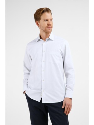 İmza Beyaz - Gri Çizgili Desen Sert Yaka Uzun Kol Cepli Comfort Fit Pamuklu Gömlek 1004255275