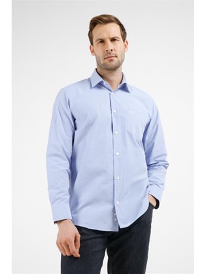 İmza Mavi - Beyaz Kareli Desen Sert Yaka Uzun Kol Cepli Comfort Fit Pamuklu Gömlek 1004255207