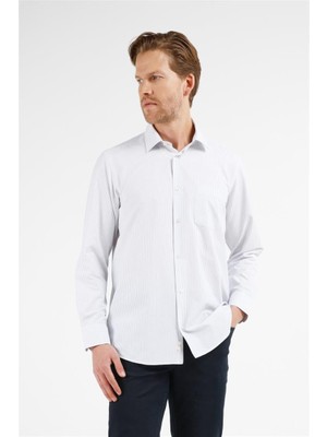 İmza Beyaz - Lacivert Çizgili Desen Sert Yaka Uzun Kol Cepli Comfort Fit Pamuklu Gömlek 1004255208