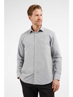 İmza Haki - Beyaz Kareli Desen Sert Yaka Uzun Kol Cepli Comfort Fit Pamuklu Gömlek 1004255207