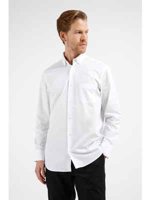 İmza Beyaz Uzun Kol Düğmeli Yaka Düz %100 Pamuk Comfort Fit Gömlek 1004255205