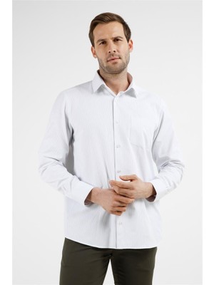 İmza Beyaz Kendinden Desenli Sert Yaka Uzun Kol Cepli Comfort Fit Pamuklu Gömlek 1004255211