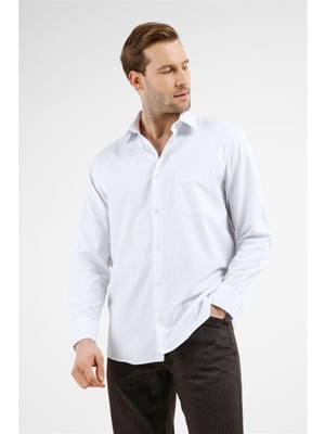 İmza Beyaz - Mavi Çizgili Desen Sert Yaka Uzun Kol Cepli Comfort Fit Pamuklu Gömlek 1004255278