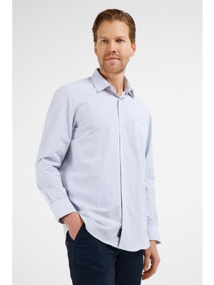 İmza Beyaz - Lacivert Çizgili Desen Sert Yaka Uzun Kol Cepli Comfort Fit Pamuklu Gömlek 1004255281