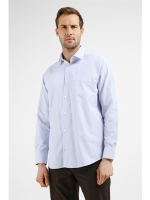 İmza Beyaz - Mavi Çizgili Desen Sert Yaka Uzun Kol Cepli Comfort Fit Pamuklu Gömlek 1004255281