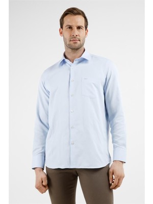 İmza Koyu Mavi Çizgili Desen Sert Yaka Uzun Kol Cepli Comfort Fit Pamuklu Gömlek 1004255268