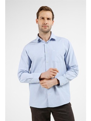 İmza K.mavi-Beyaz Çizgili Desen Sert Yaka Uzun Kol Cepli Comfort Fit Pamuklu Gömlek 1004255277