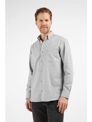 İmza Gri Düğmeli Yaka Uzun Kol Cepli Comfort Fit Pamuklu Gömlek 1004255234